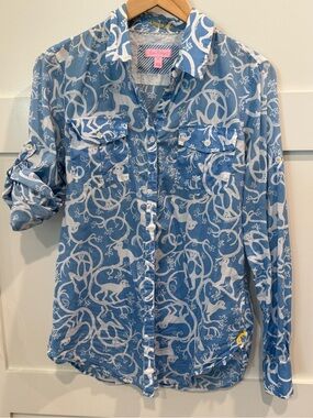 Lilly Pulitzer Shake It Up Blue Monkey Button Down Blouse Size M